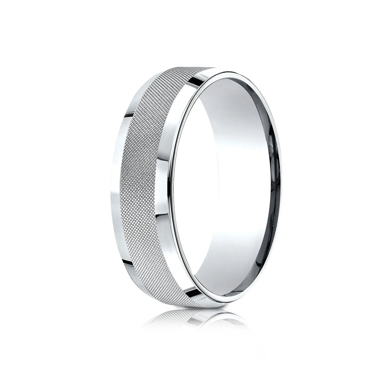 14 Karat White Gold 7mm Comfort-fit High Polish Round Edge Cross Hatch Center Design Band
