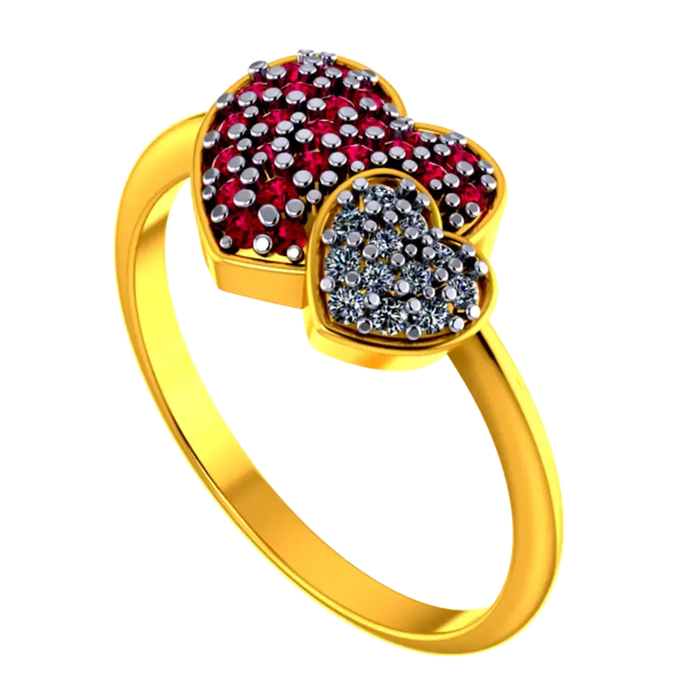 14k Gold Ring With Two  Zirconia Stone Hearts