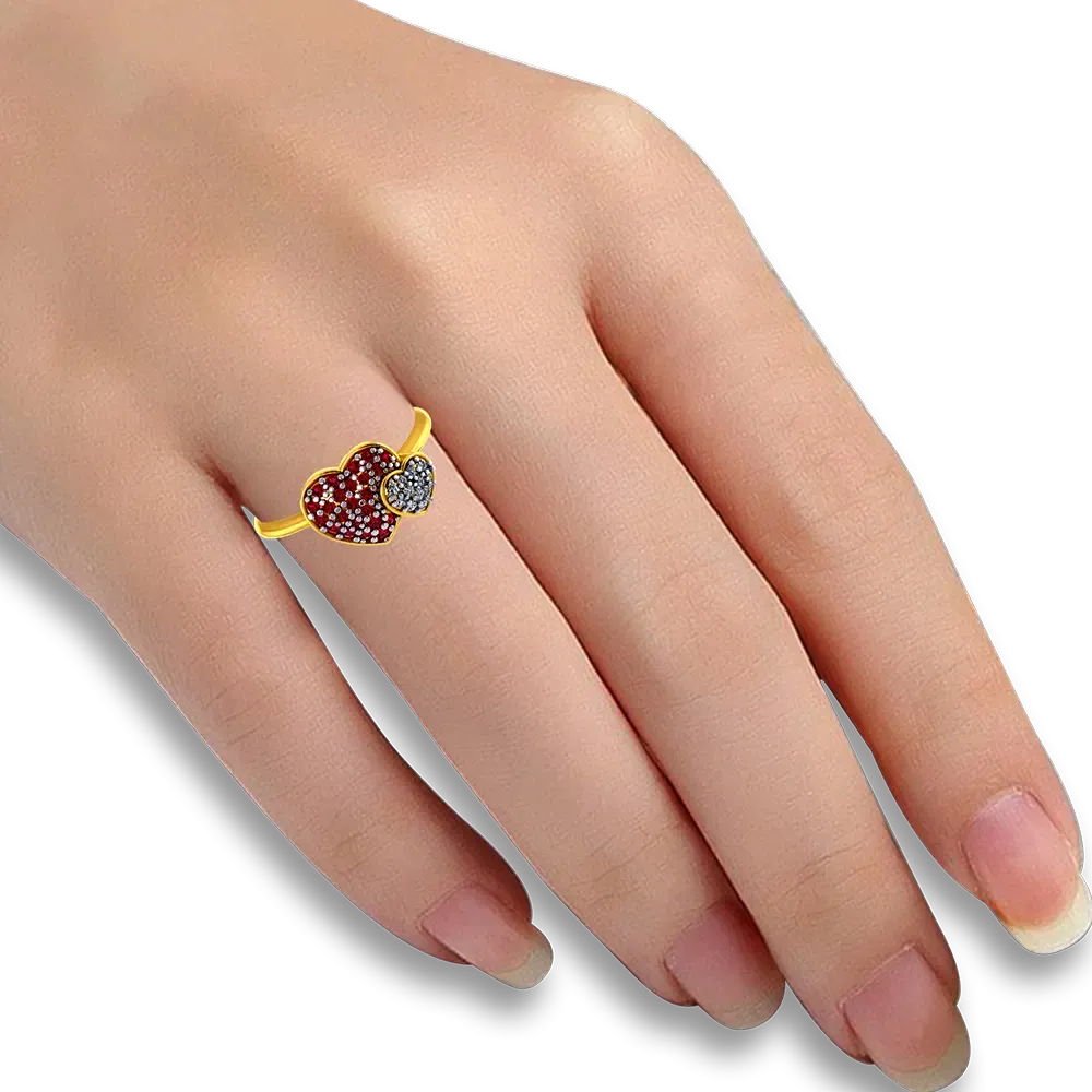 14k Gold Ring With Two  Zirconia Stone Hearts