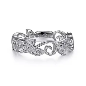 14K White Gold .09cttw Diamond Scrolling Floral Stackable Fashion Ring
