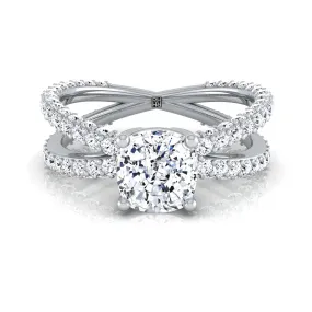 18K White Gold Cushion Open Diamond Pave Criss Cross Engagement Ring -1-1/3ctw