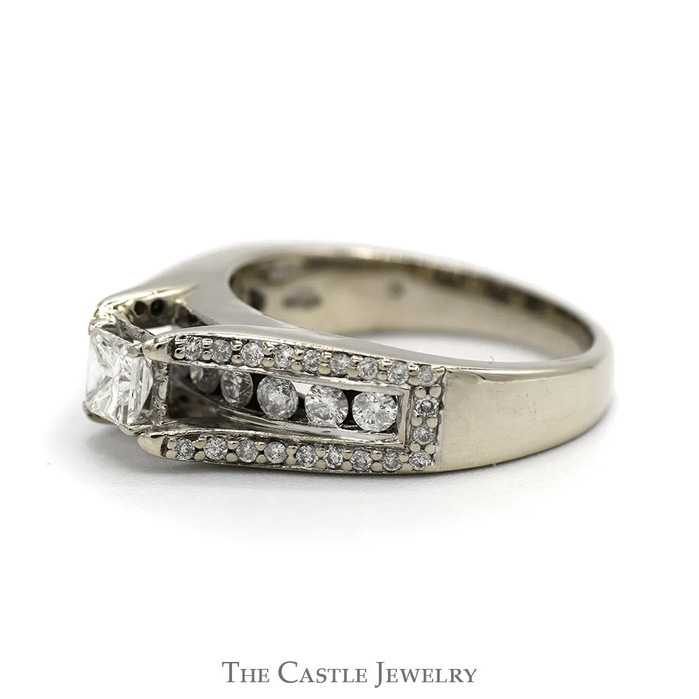 1cttw Princess Cut Diamond Engagement Ring with Channel Set Diamond Accents in 14k White Gold