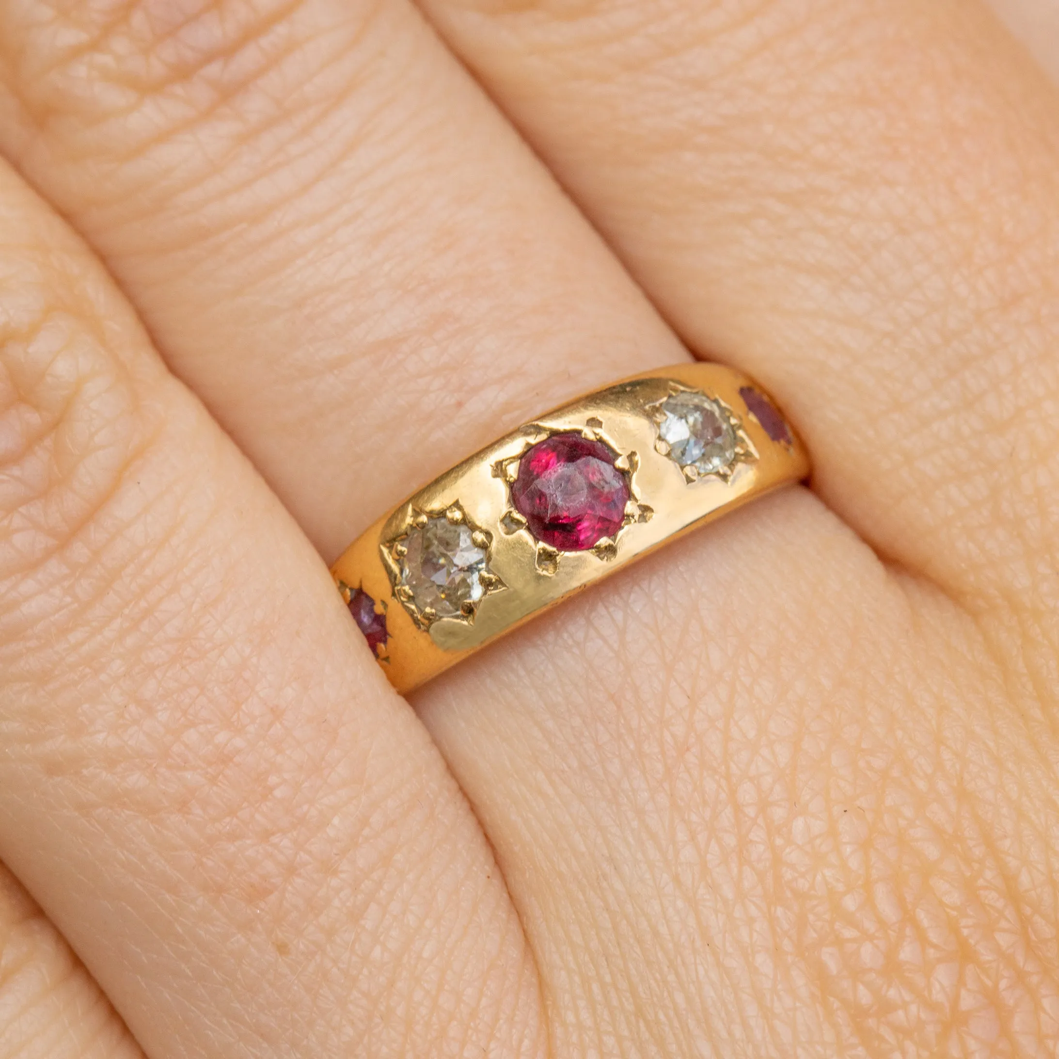 Antique 18ct Gold Garnet Diamond Gypsy Ring, 0.30ct Diamonds