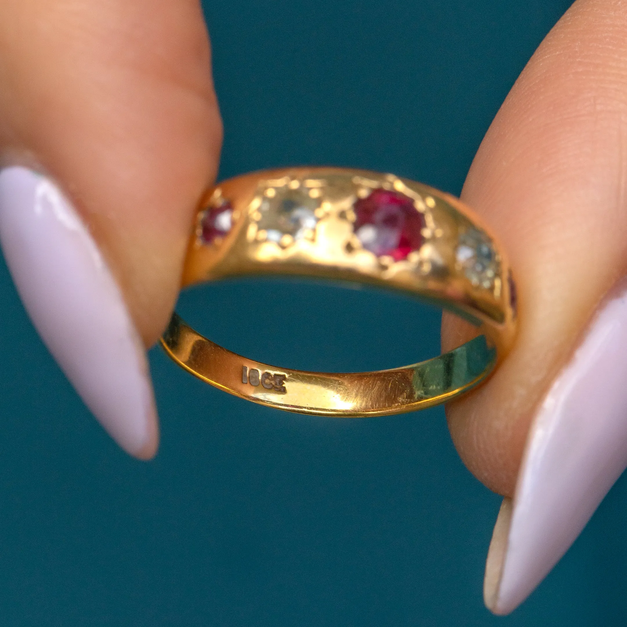 Antique 18ct Gold Garnet Diamond Gypsy Ring, 0.30ct Diamonds