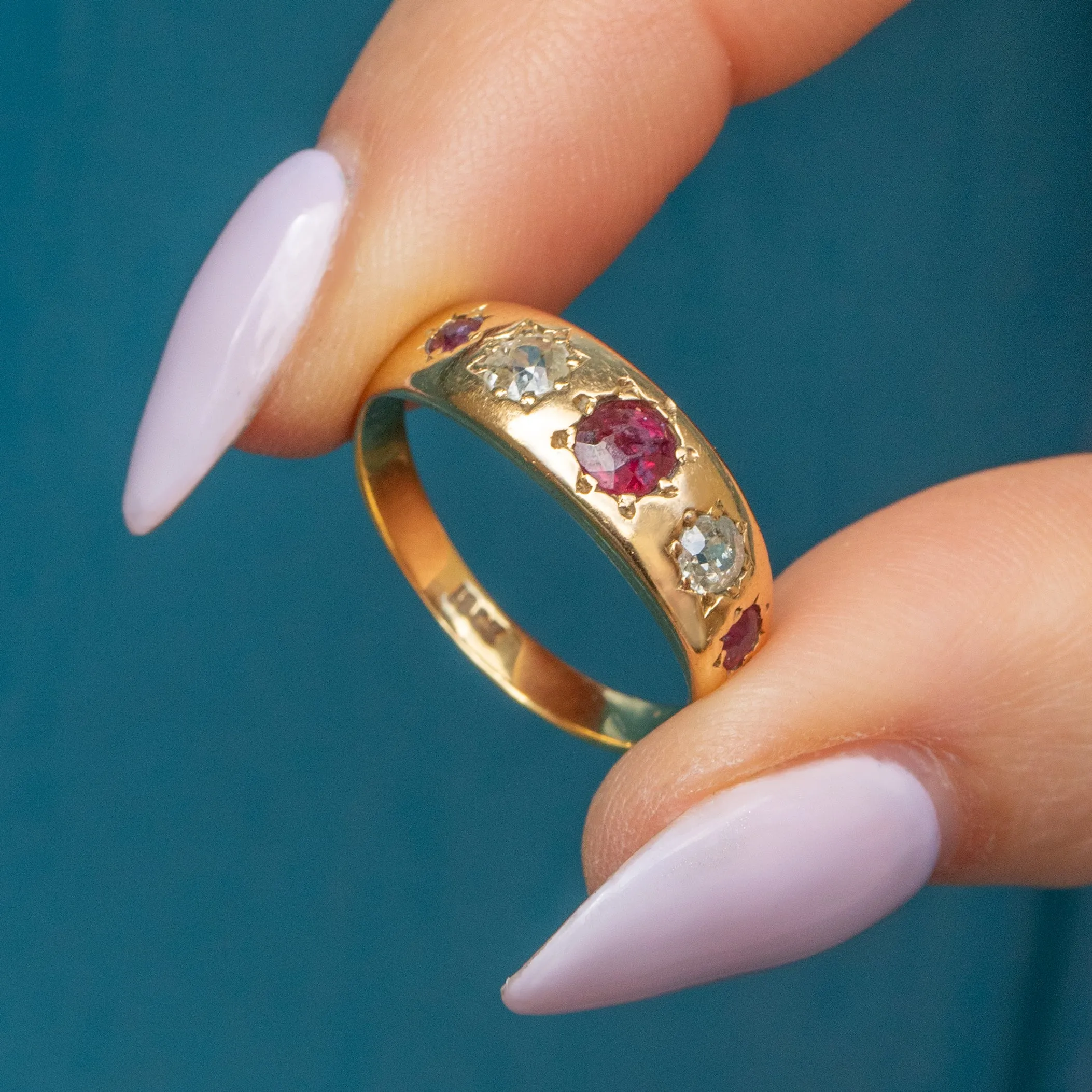 Antique 18ct Gold Garnet Diamond Gypsy Ring, 0.30ct Diamonds