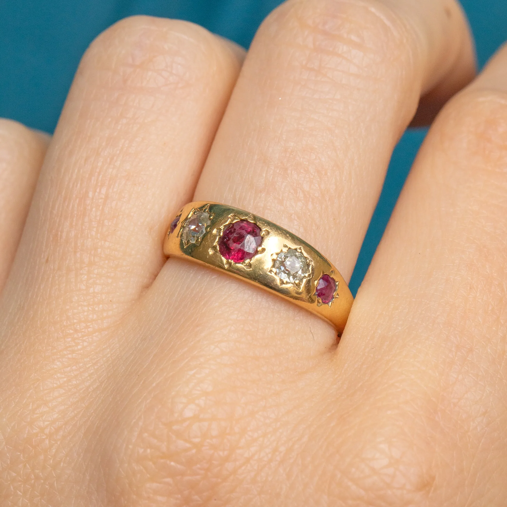 Antique 18ct Gold Garnet Diamond Gypsy Ring, 0.30ct Diamonds