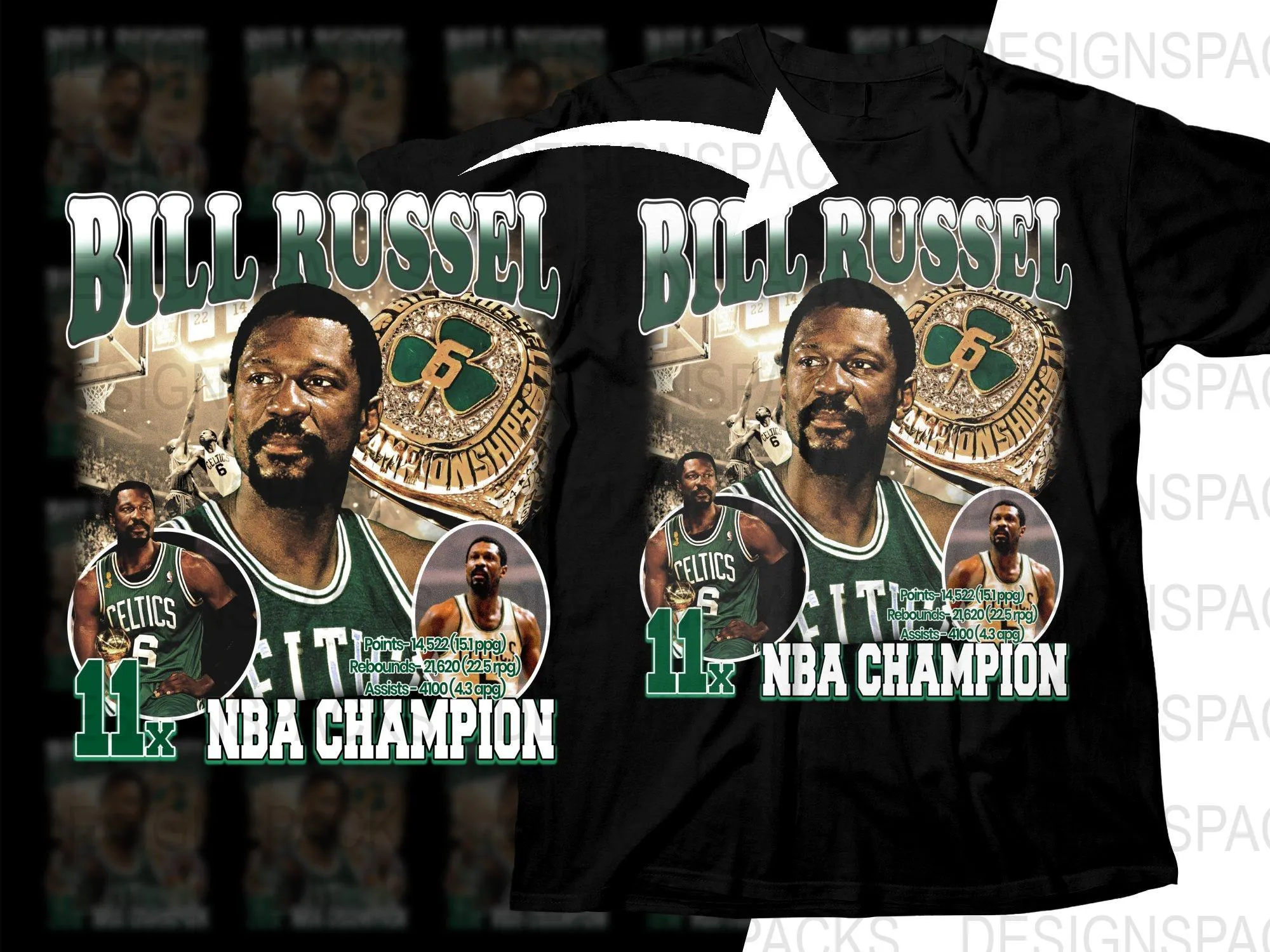Bill Russel 11x NBA Champion Basketball Superstar Bootleg Png Digital Download