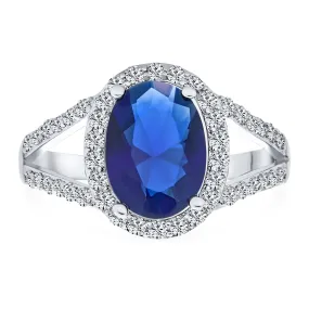 Classic Cocktail Statement Ring with 10CT CZ Royal Blue Sapphire Halo Design