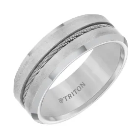 CURTIS 8mm Gray Tungsten Carbide Brush Finish With Bright Bevel Edge Comfort Fit Band with Center Steel Cable Inlay