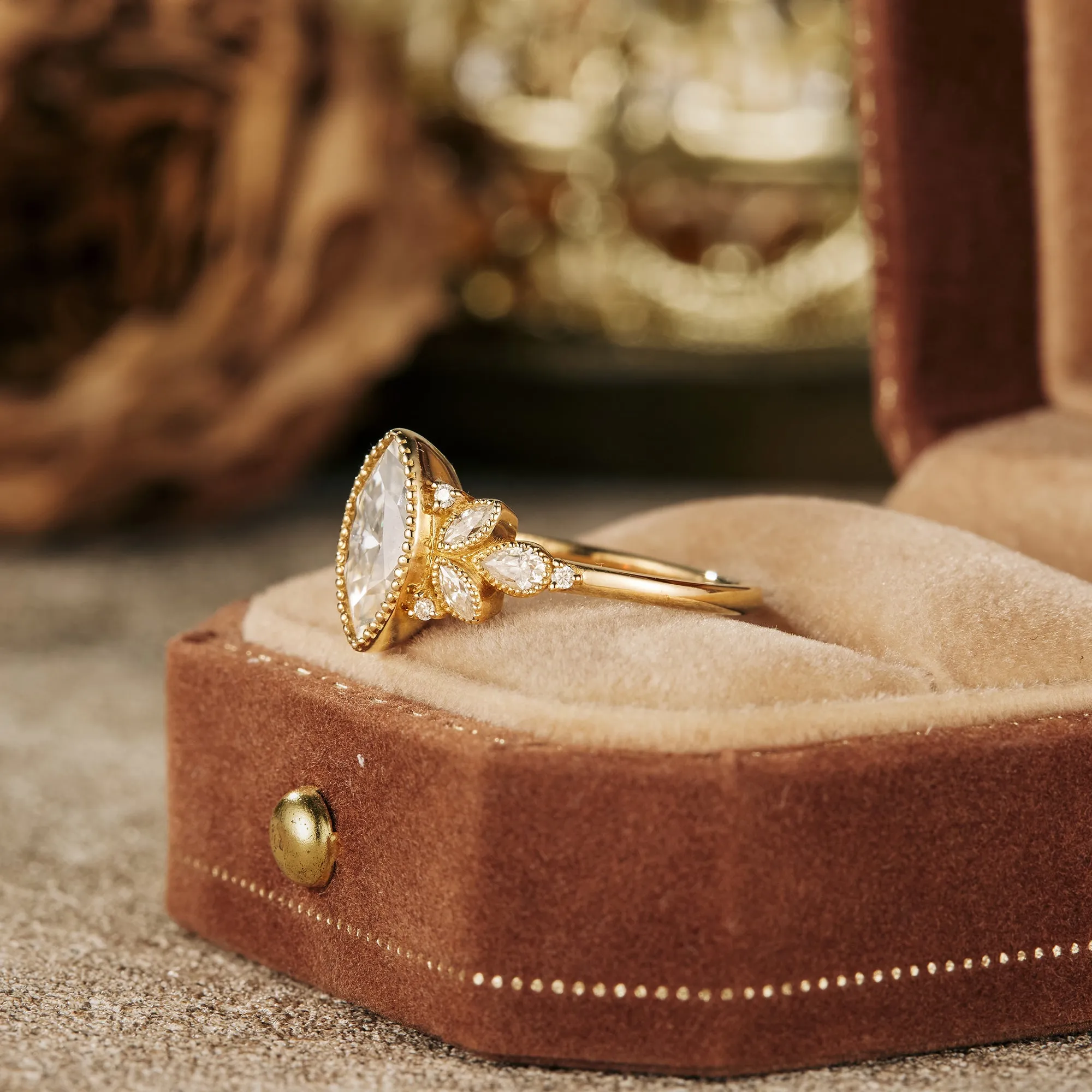 GemsMagic Marquise Moissanite Vintage Halo Engagement Ring