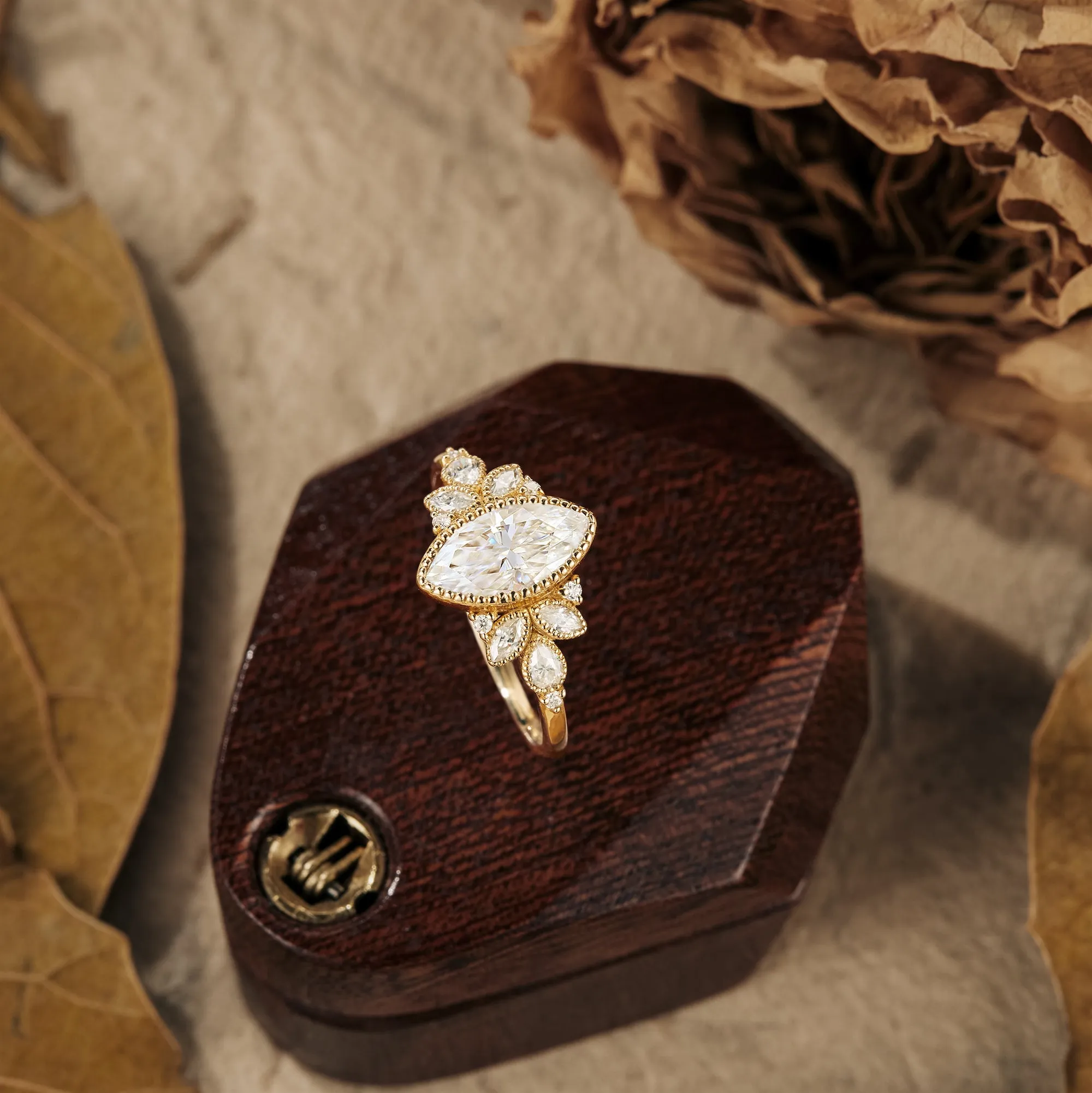 GemsMagic Marquise Moissanite Vintage Halo Engagement Ring