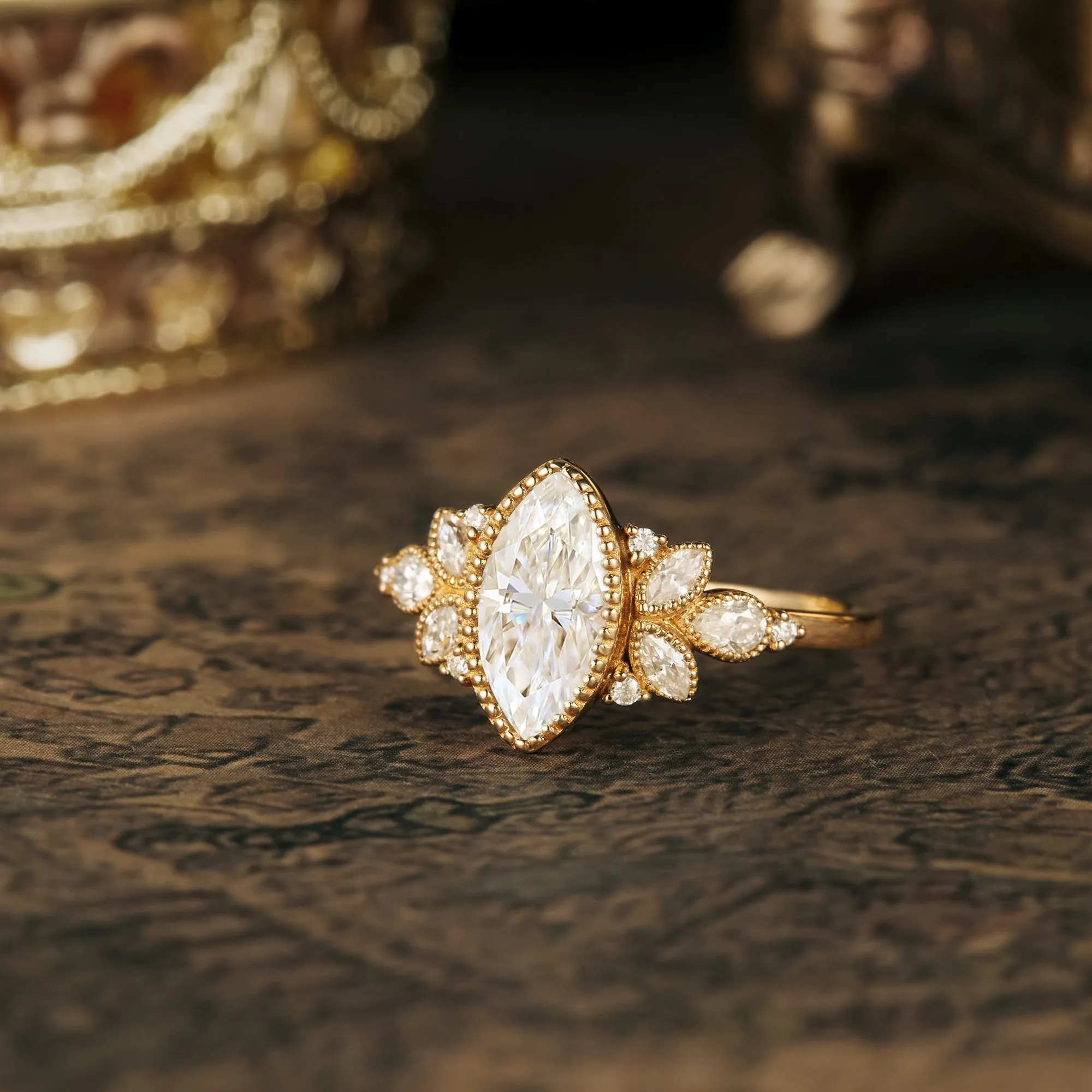 GemsMagic Marquise Moissanite Vintage Halo Engagement Ring