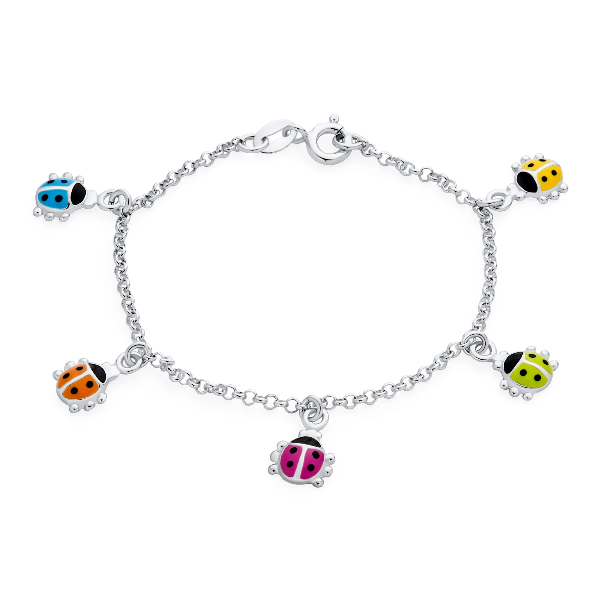 Good Luck Red Ladybug Charm Bangle Bracelet, Sterling Silver, Adjustable 6-7.5 Inch