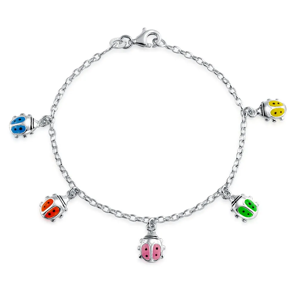 Good Luck Red Ladybug Charm Bangle Bracelet, Sterling Silver, Adjustable 6-7.5 Inch