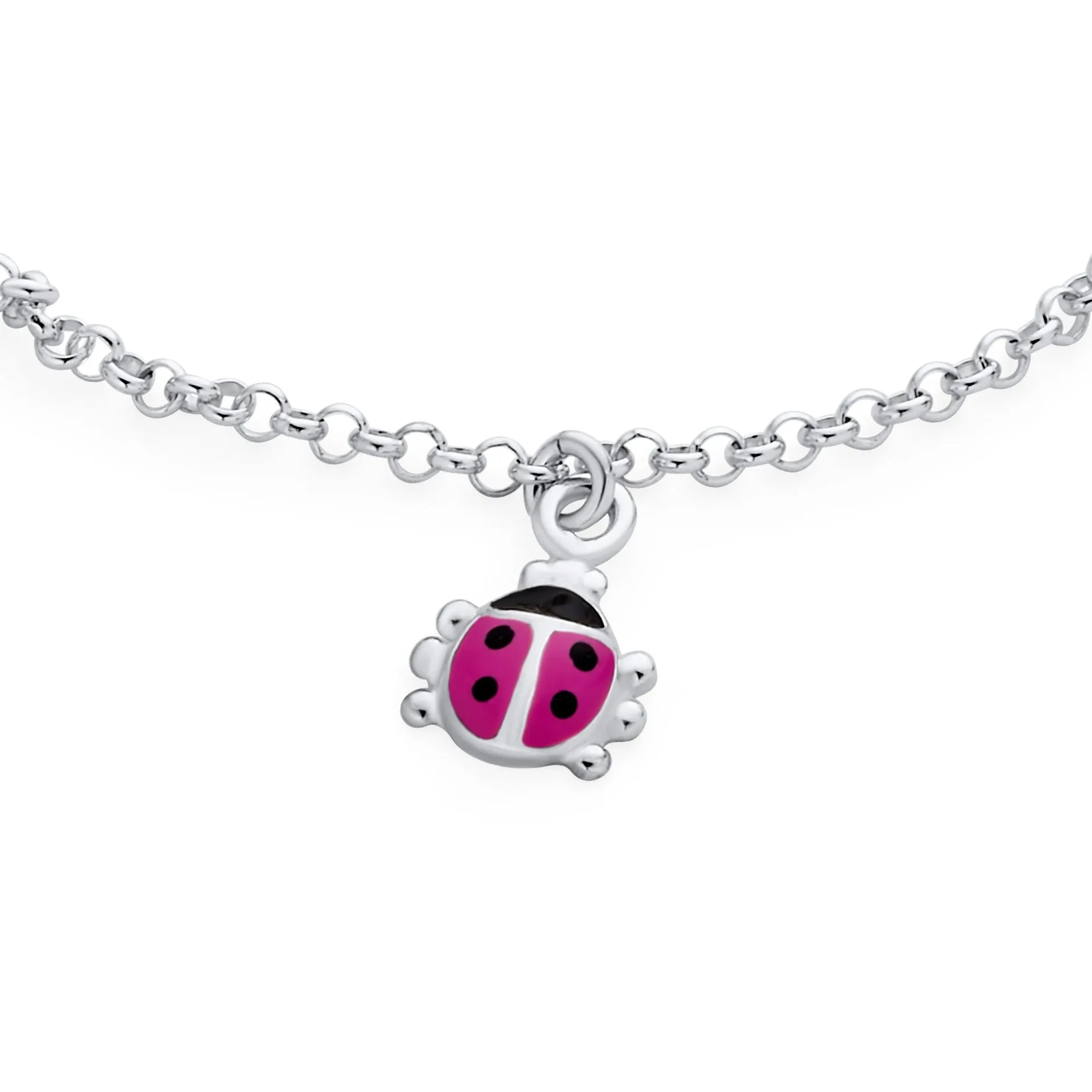 Good Luck Red Ladybug Charm Bangle Bracelet, Sterling Silver, Adjustable 6-7.5 Inch