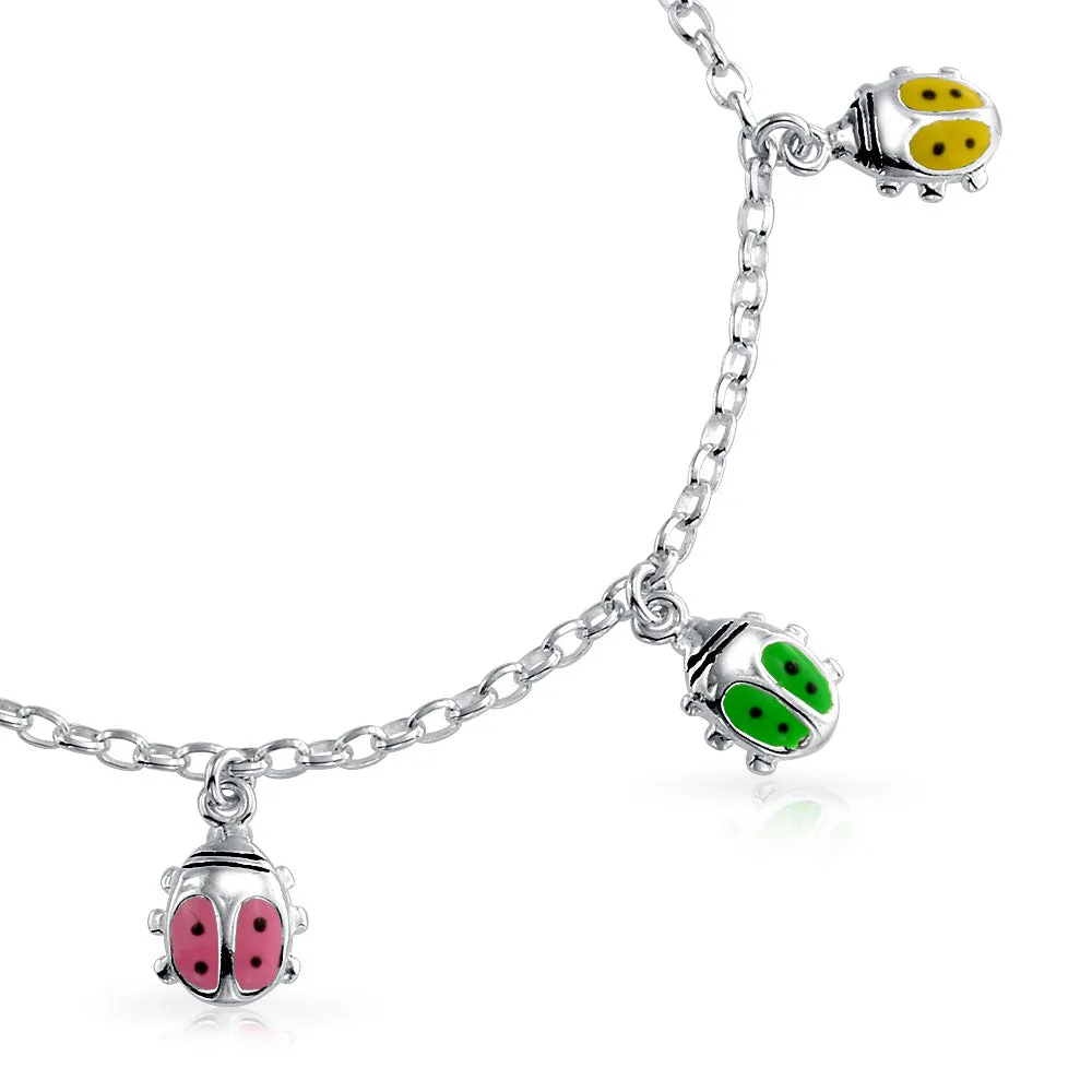 Good Luck Red Ladybug Charm Bangle Bracelet, Sterling Silver, Adjustable 6-7.5 Inch