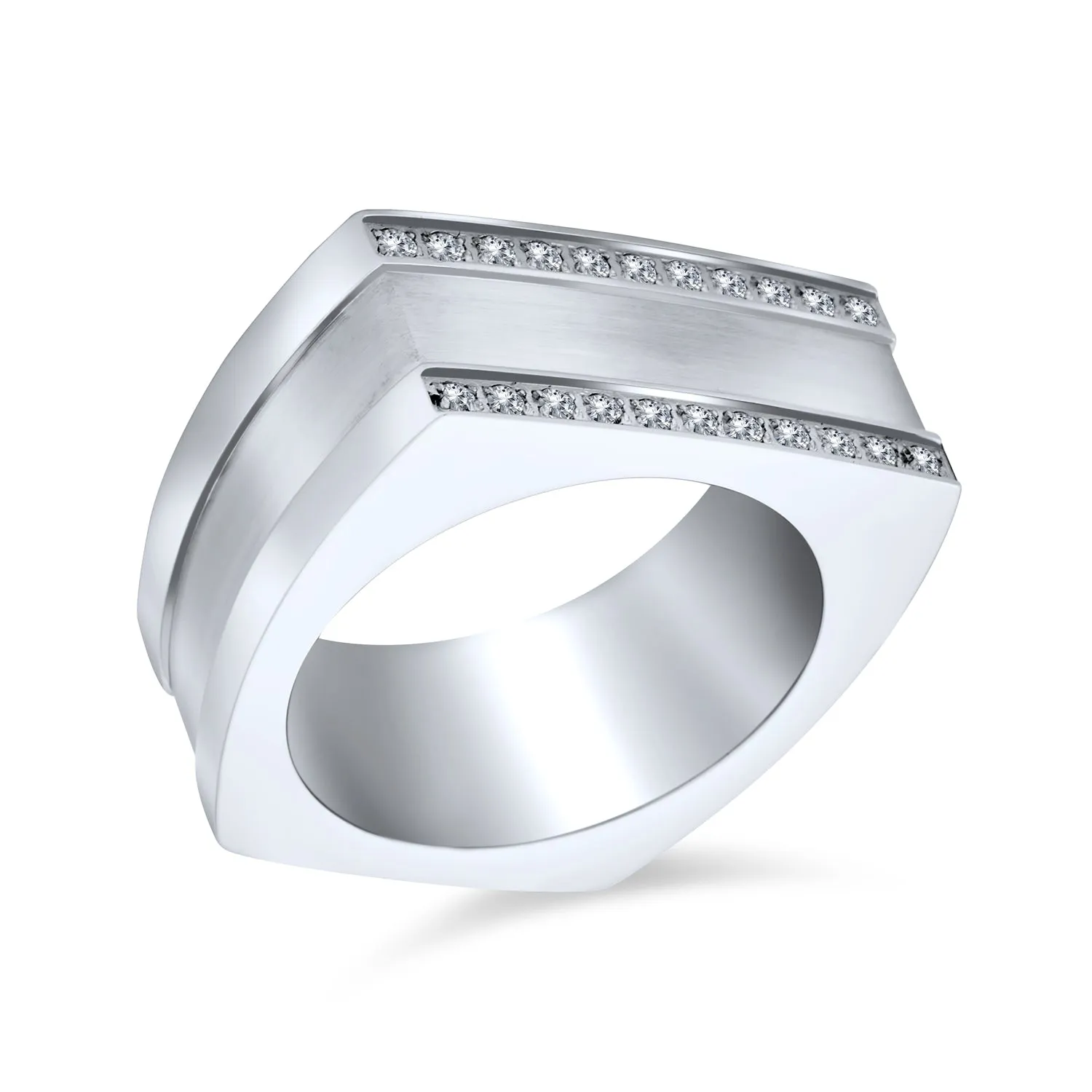 Greek Key CZ Cross Mens Rectangle Signet Band Ring .925 Silver or Stainless Steel