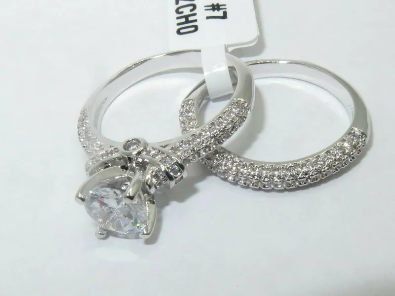 Jewellery Kingdom Cubic Zirconia Engagement Wedding Band 2pcs Silver 2CT Rhodium Ladies Ring Set