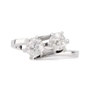 Mid Century French Old Mine Cut Diamond 18K White Gold Toi Et Moi Ring