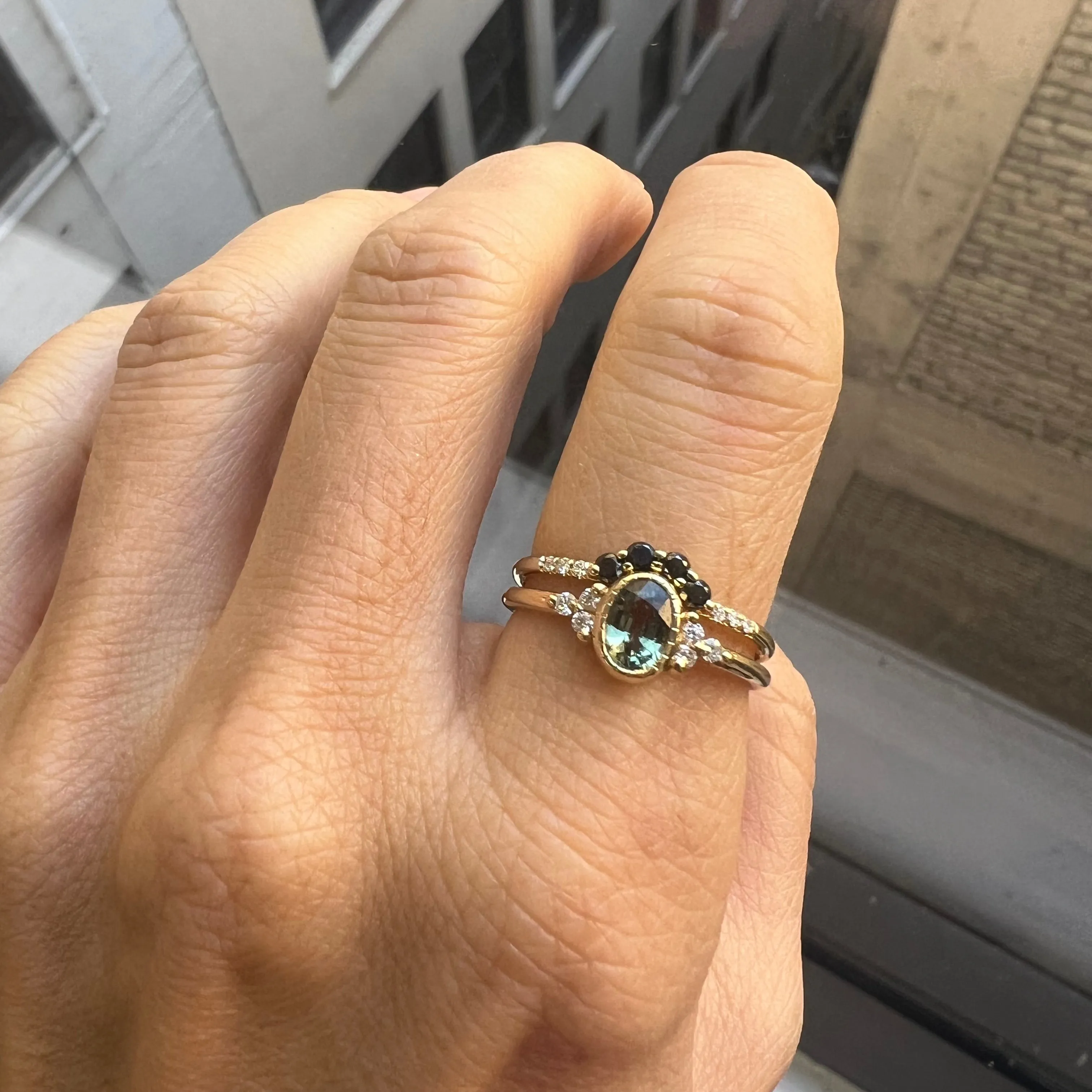 Oval Green Sapphire Cluster Ring