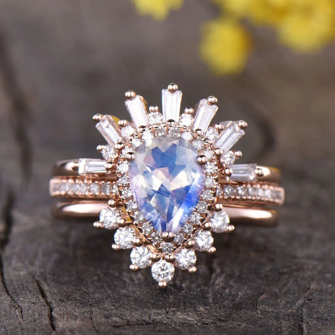 Pear Shaped Rainbow Moonstone Vintage Engagement Ring Wedding Set