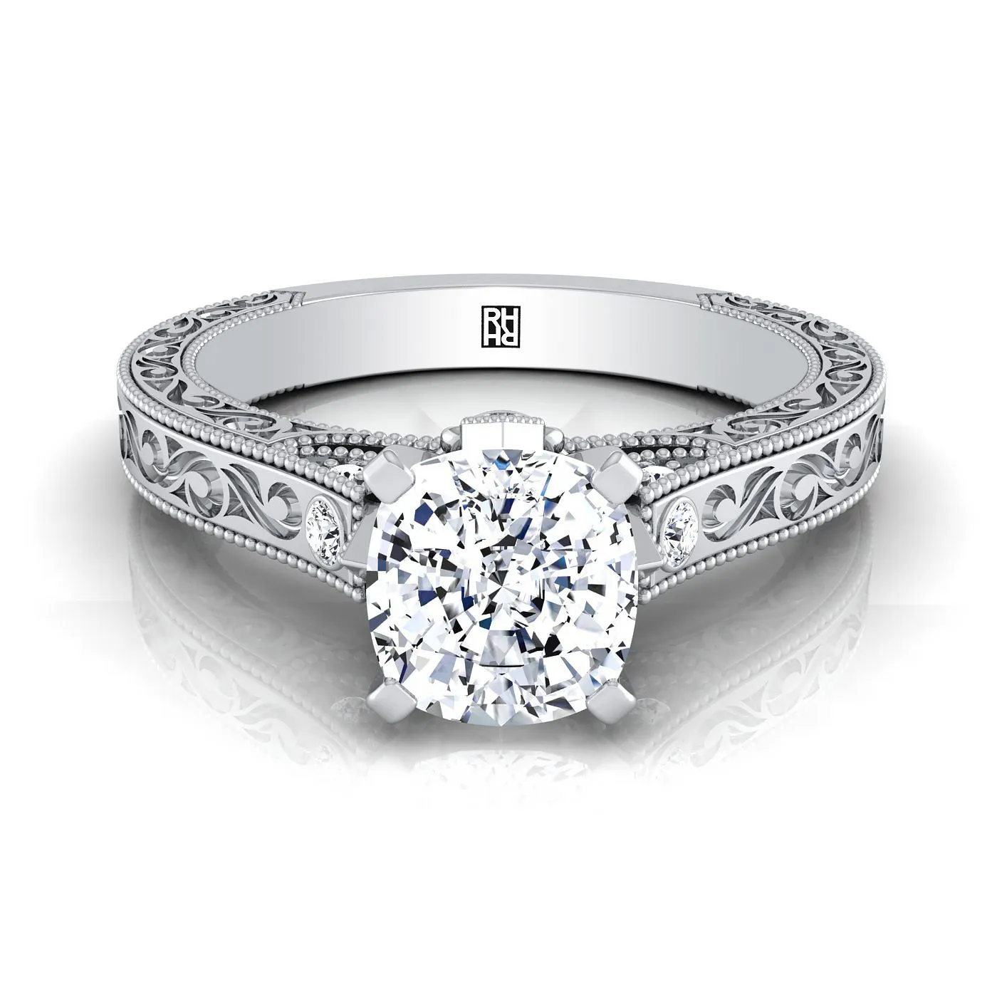 Platinum Cushion Delicate Diamond Accented Antique Hand Engraved Engagement Ring -1/10ctw