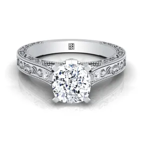 Platinum Cushion Delicate Diamond Accented Antique Hand Engraved Engagement Ring -1/10ctw
