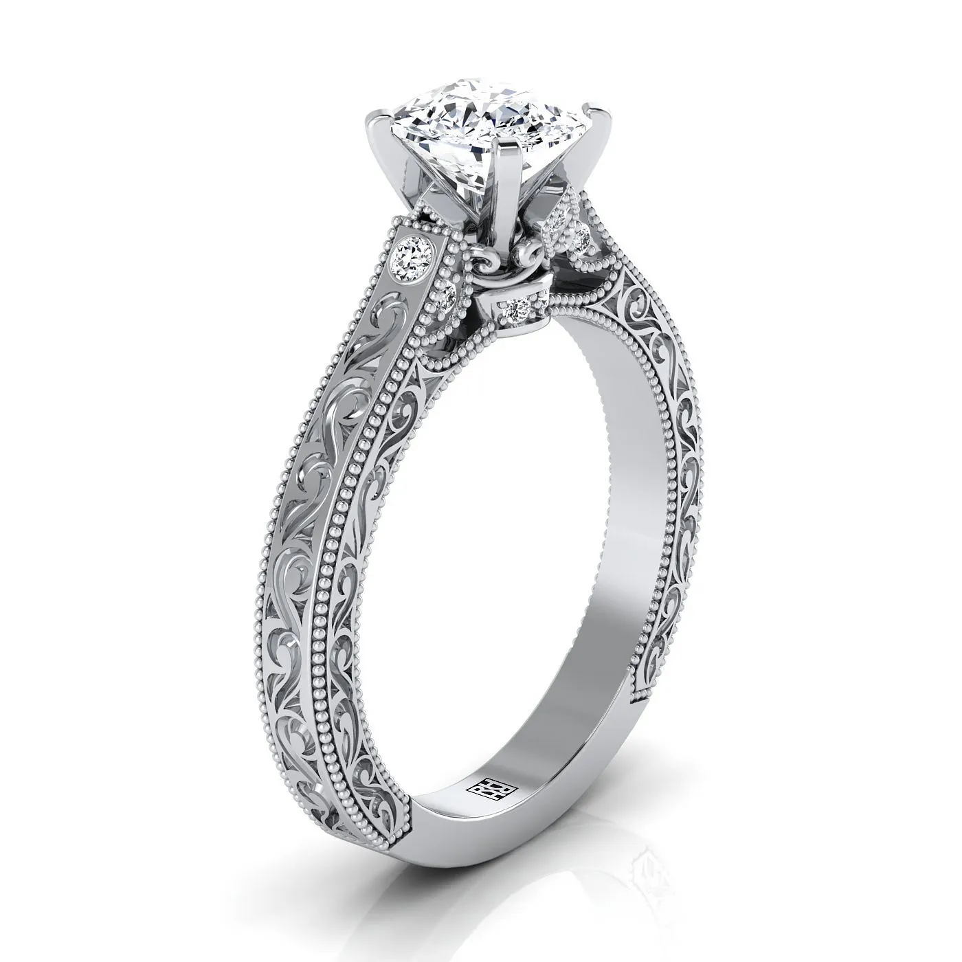 Platinum Cushion Delicate Diamond Accented Antique Hand Engraved Engagement Ring -1/10ctw