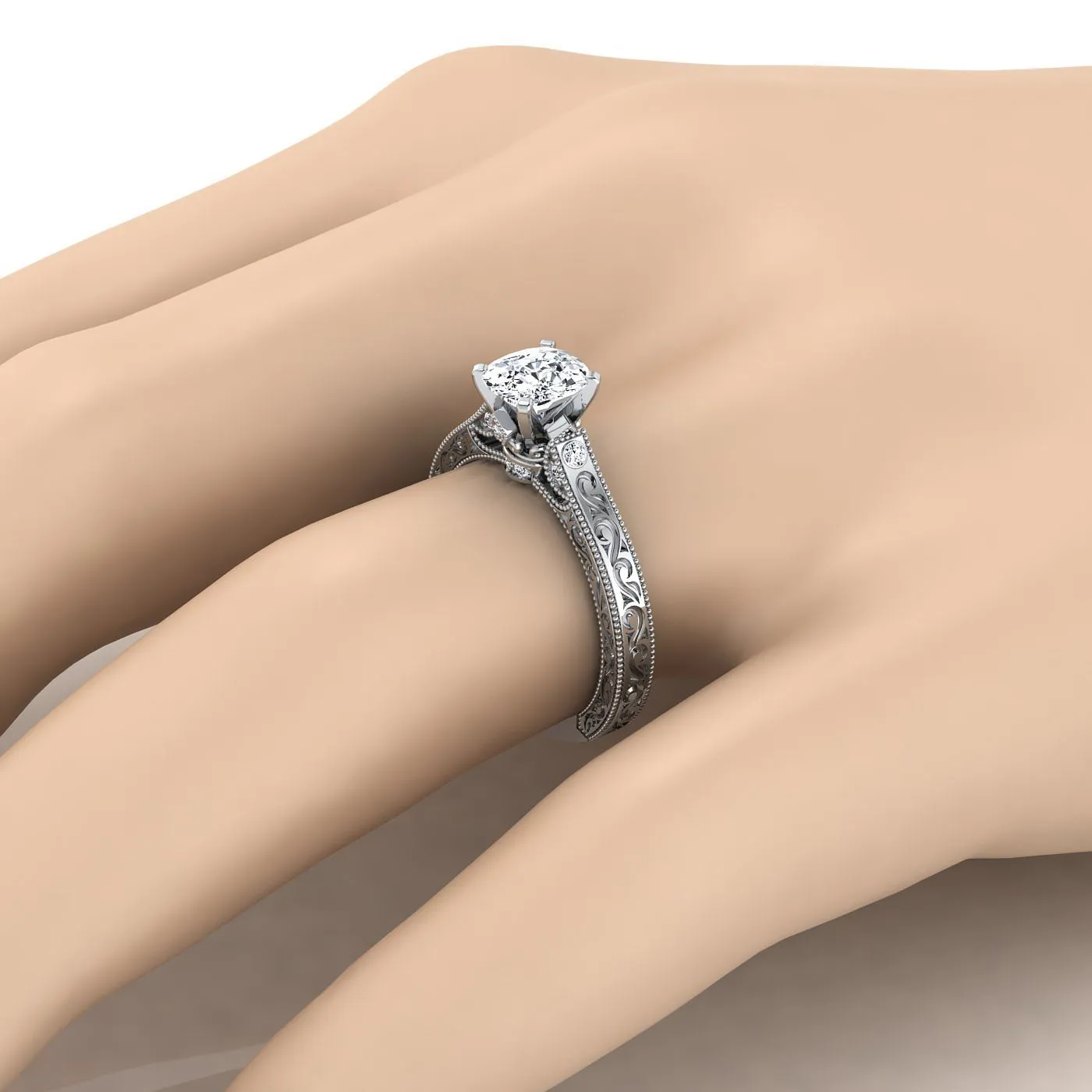Platinum Cushion Delicate Diamond Accented Antique Hand Engraved Engagement Ring -1/10ctw