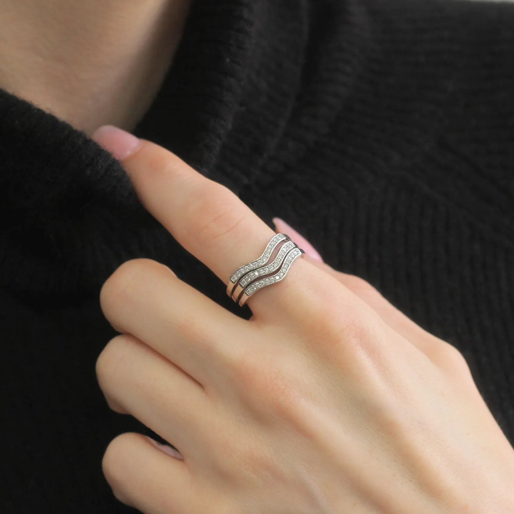 Platinum Plated Sterling Silver Chevron Trio Stacking Rings Set