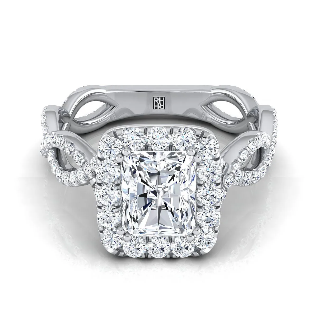 Platinum Radiant Cut Center Diamond Ribbon Twist French Pave Halo Engagement Ring -3/4ctw
