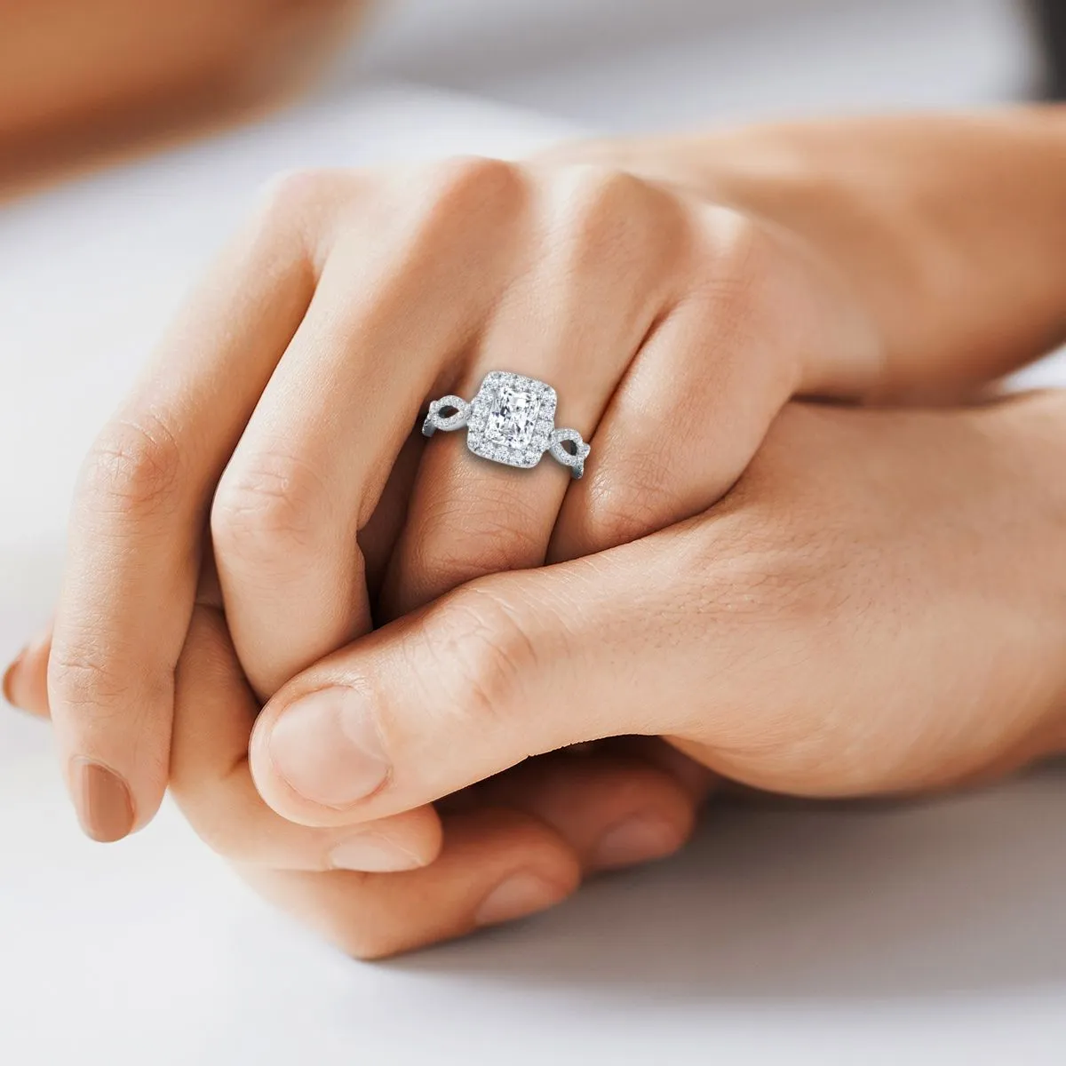 Platinum Radiant Cut Center Diamond Ribbon Twist French Pave Halo Engagement Ring -3/4ctw