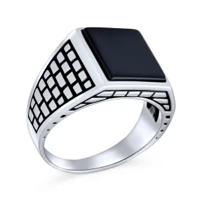 Retro Classic Mens Silver Ring with Black Onyx Gemstone Rectangle Signet Design