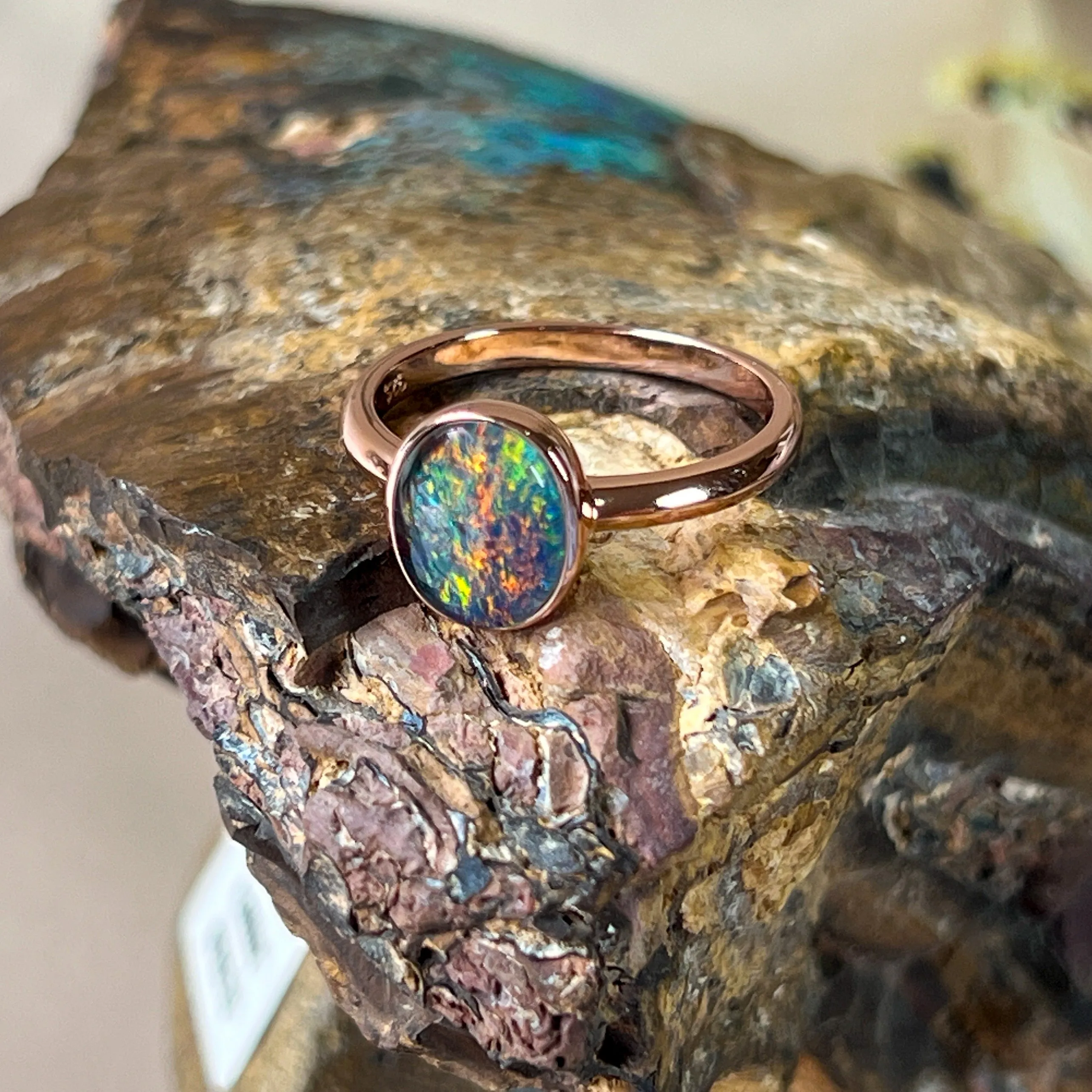 Rose Gold-Plated Sterling Silver Ring - 10x8mm Triplet Opal, Bezel Set, Minimalist Jewelry, Perfect Gift for Her, Opal Ring