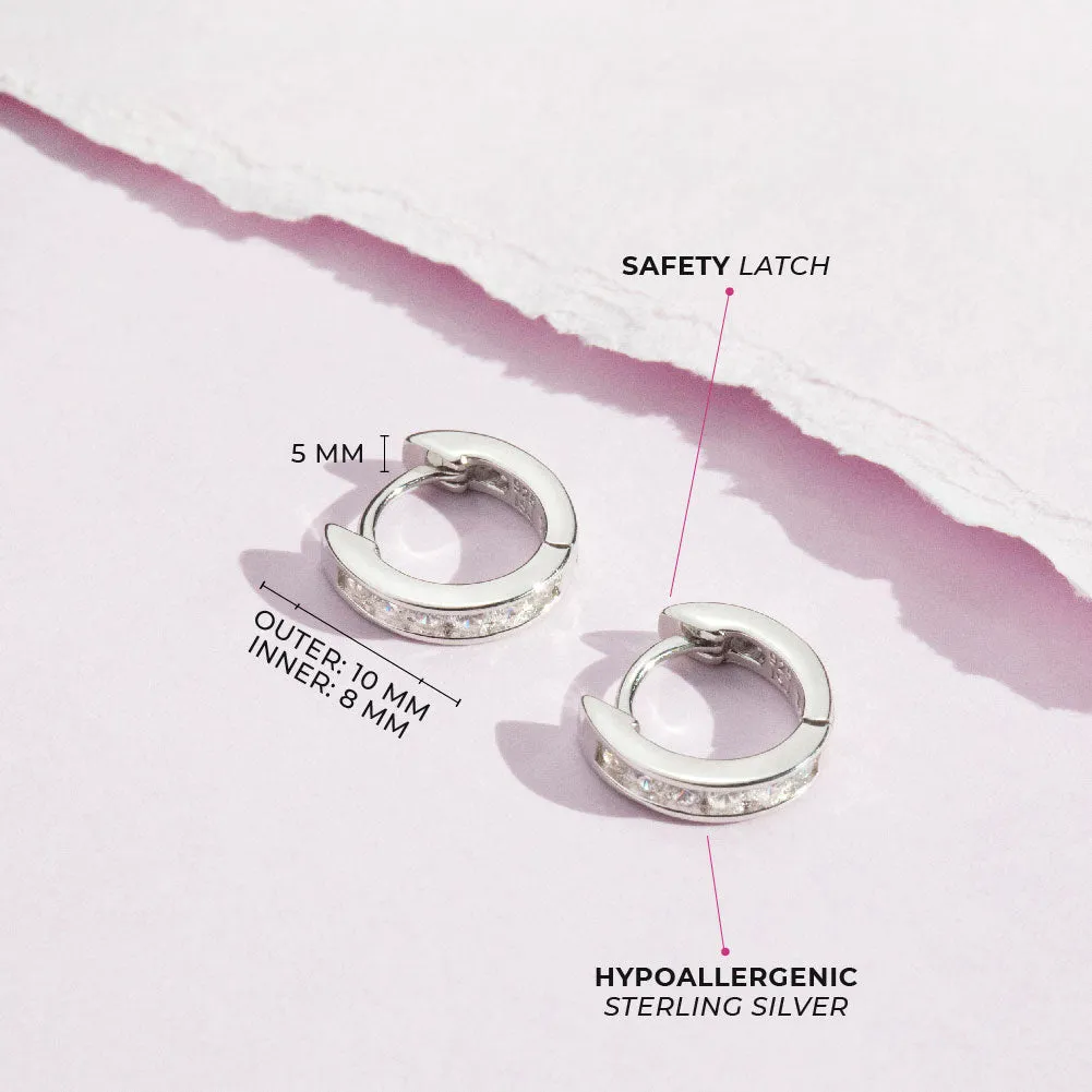 Small Channel Set CZ 8mm Earrings Hoop/Huggie Safety Latch - Sterling Silver