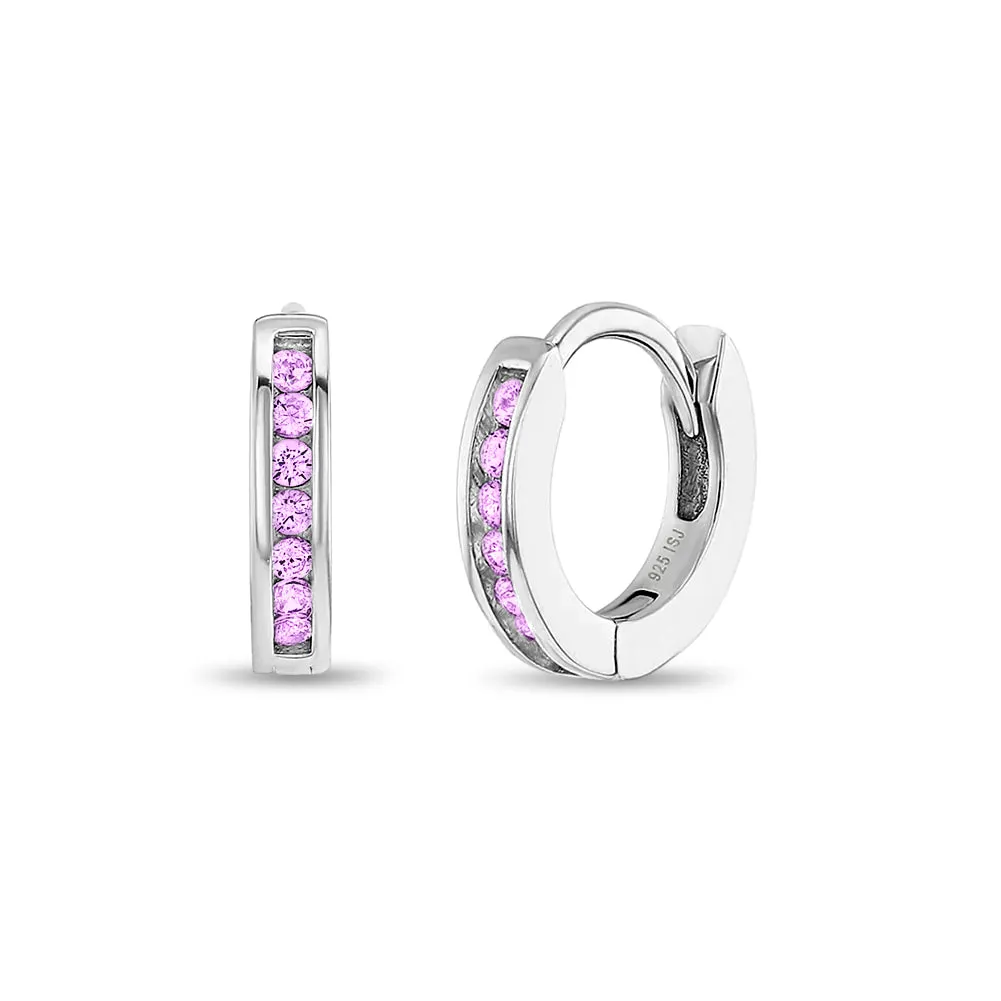 Small Channel Set CZ 8mm Earrings Hoop/Huggie Safety Latch - Sterling Silver