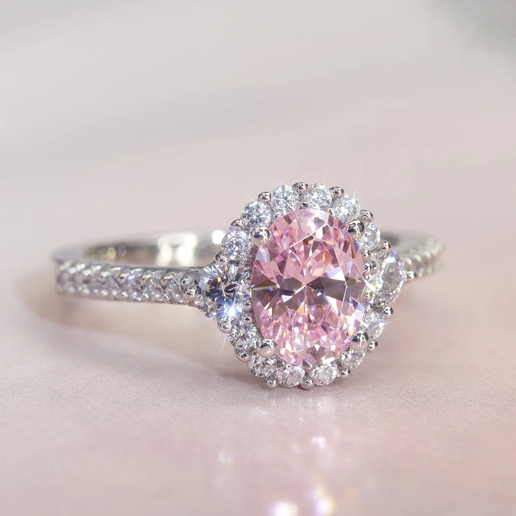Sterling Silver 1.2 Carat Oval Cut Halo Style Pink Ring