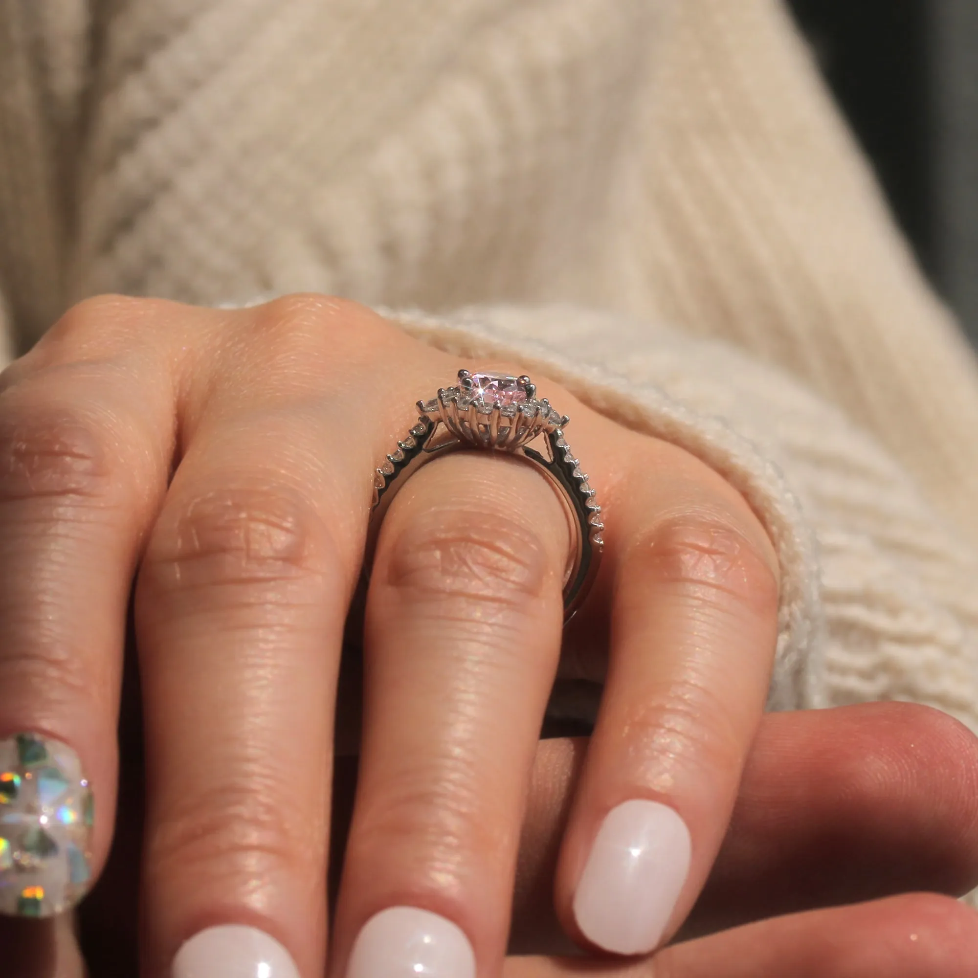 Sterling Silver 1.2 Carat Oval Cut Halo Style Pink Ring