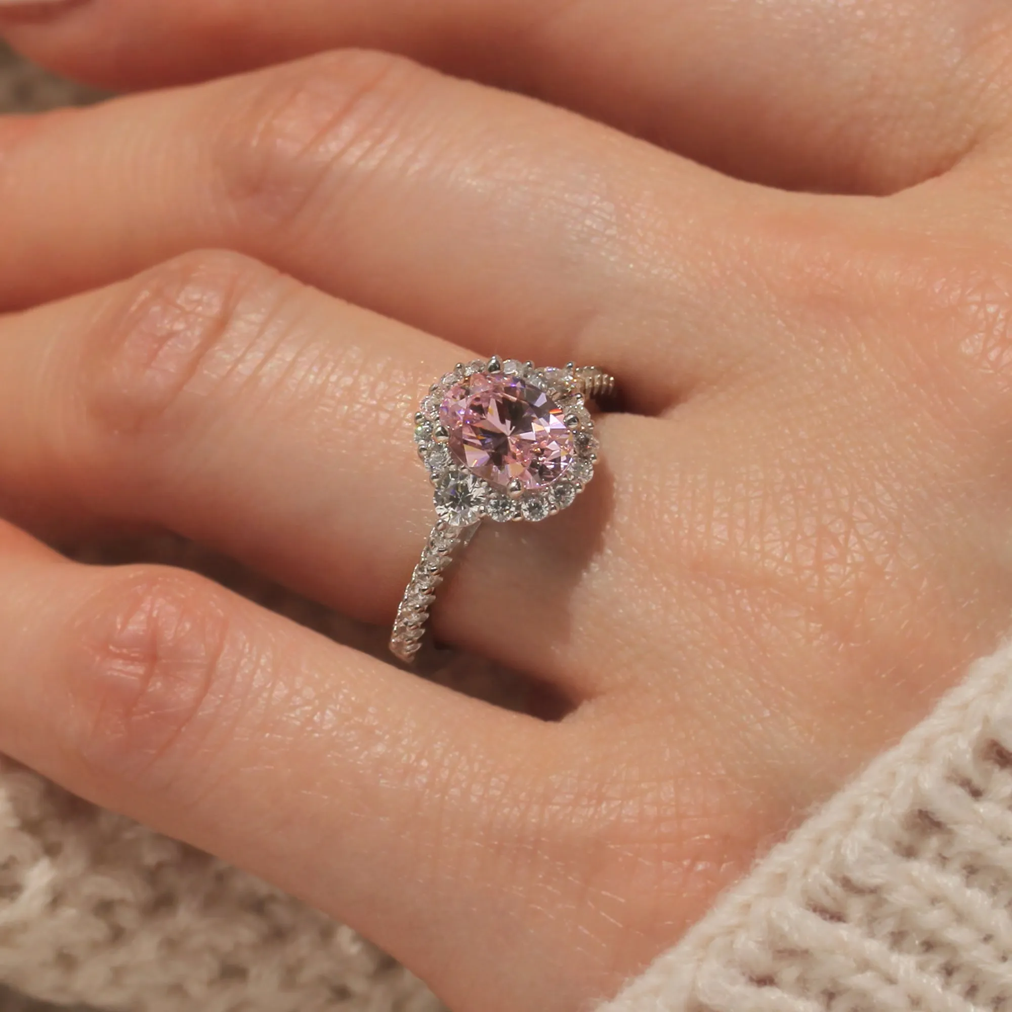 Sterling Silver 1.2 Carat Oval Cut Halo Style Pink Ring