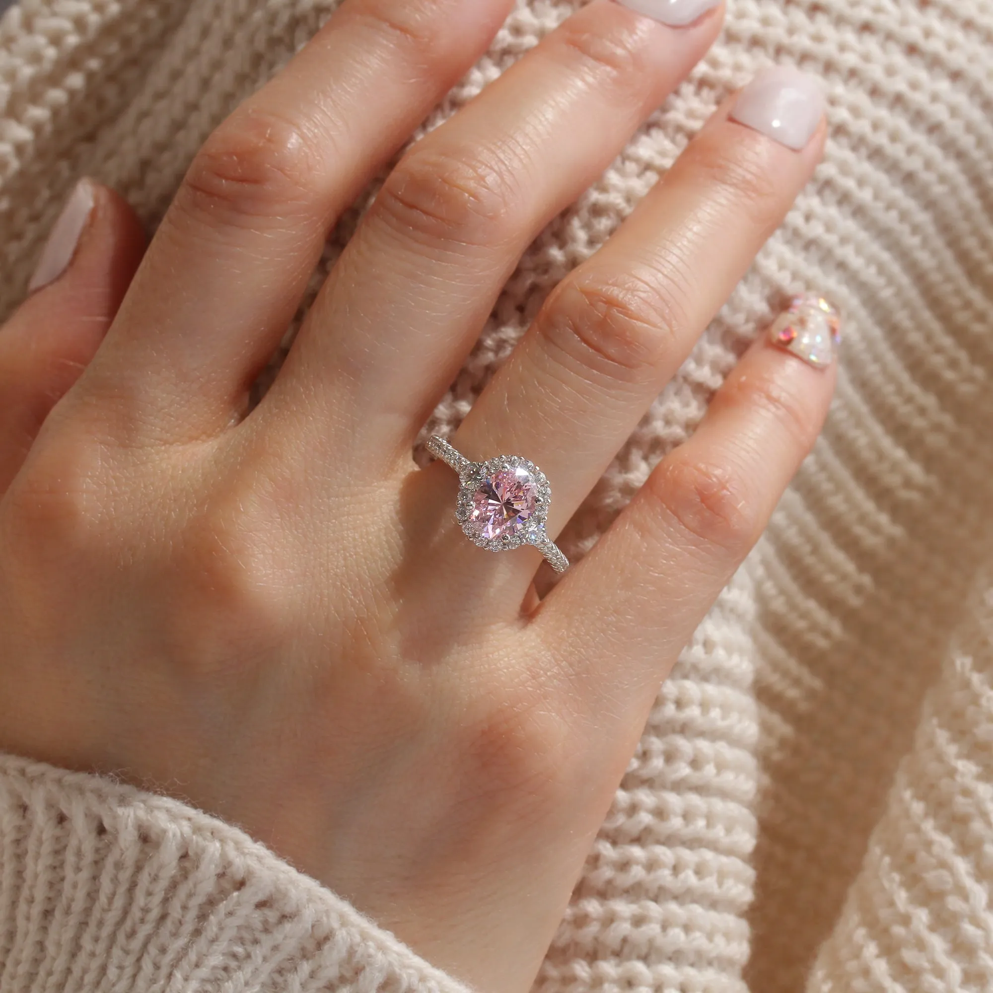 Sterling Silver 1.2 Carat Oval Cut Halo Style Pink Ring