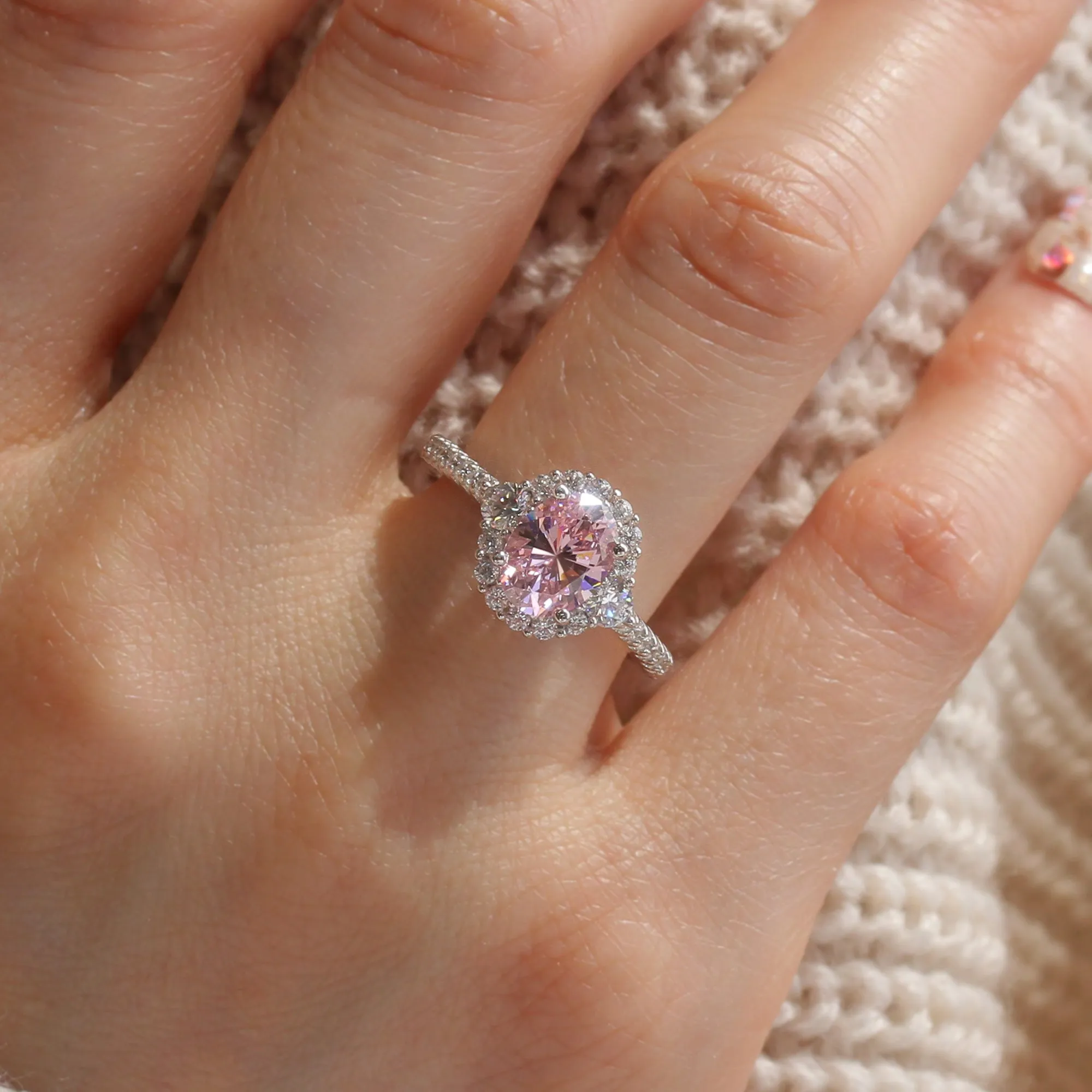 Sterling Silver 1.2 Carat Oval Cut Halo Style Pink Ring