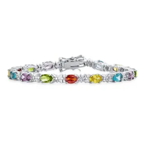 Traditional Vintage Style Multi-Colored CZ Tennis Bracelet Silver Plated 7-7.5 Inch