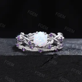 Twig Leaf Opal Engagement Ring Nature Inspired Amethyst Bridal Set Hexagon White Opal Wedding Ring October Birthstone Jewelry Proposal Gift