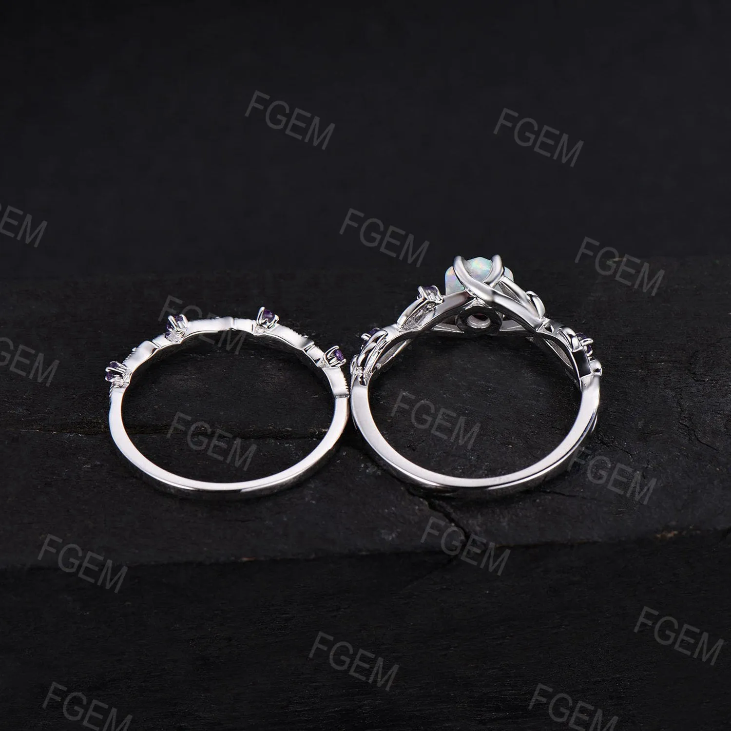 Twig Leaf Opal Engagement Ring Nature Inspired Amethyst Bridal Set Hexagon White Opal Wedding Ring October Birthstone Jewelry Proposal Gift