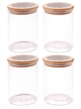 UMAI Pack of 4 Kitchen Containers Set Glass Jars with Printed Bamboo Lids I Airtight Storage for Cookies, Snacks, Spices I 600 ml Each | Multiutility Borosilicate Jars for Tea, Coffee, Sugar
