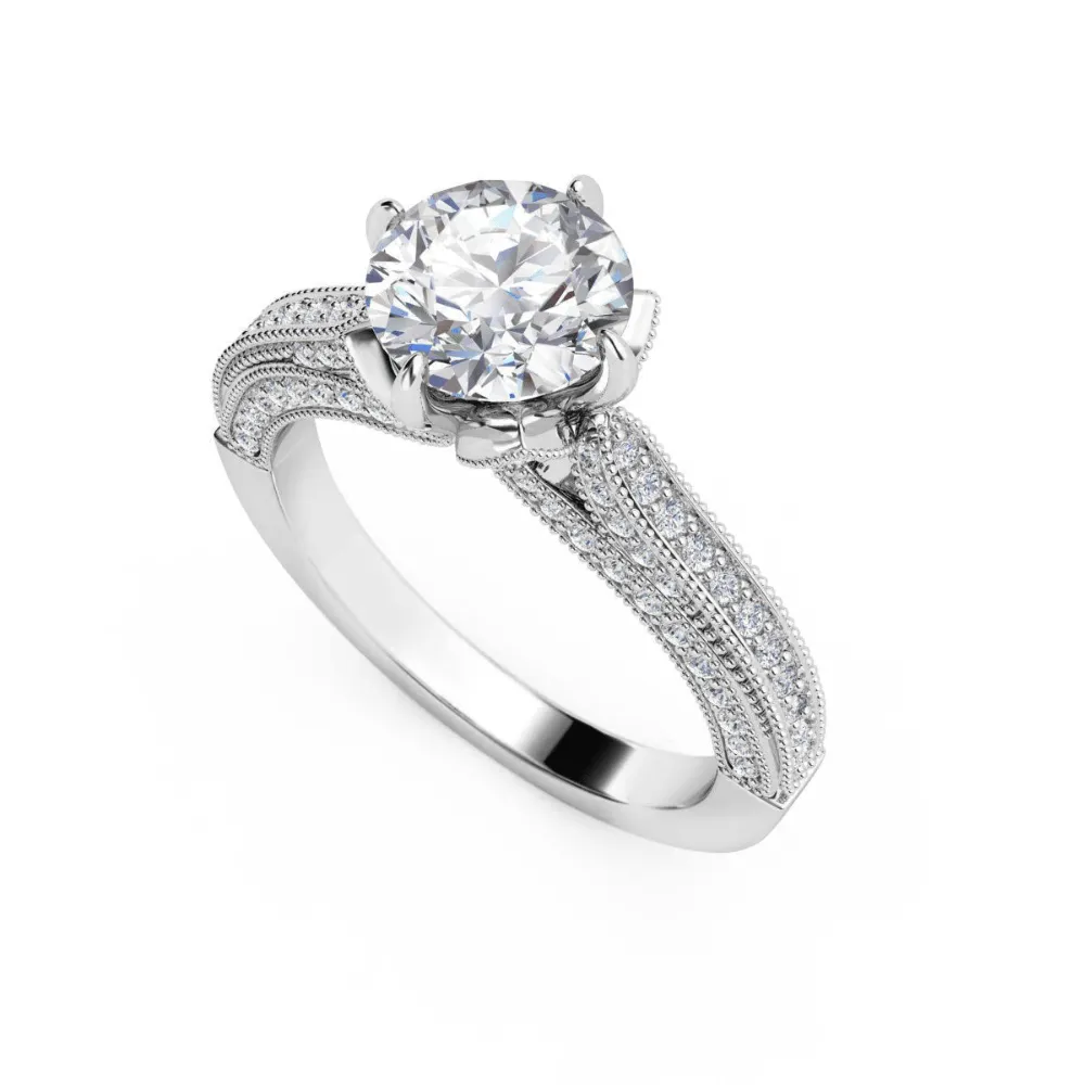 Vintage Milgrain Solitaire Engagement Ring with Pavé Diamond Band