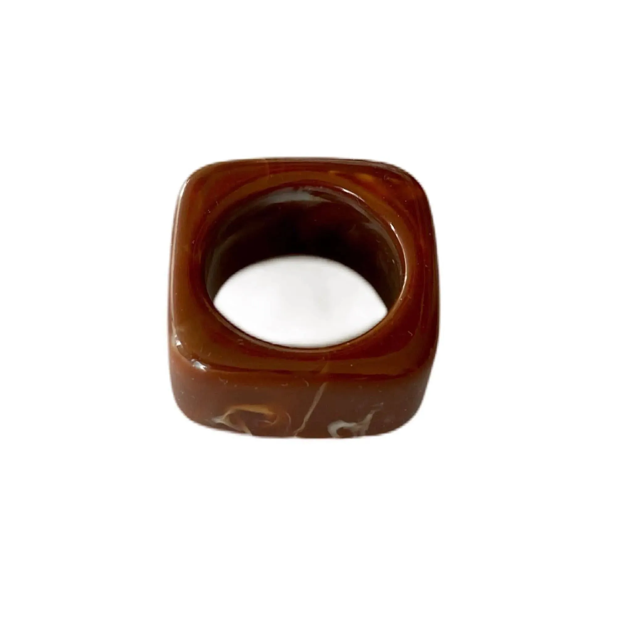 Vintage Plastic Ring Brown Marble Design Square