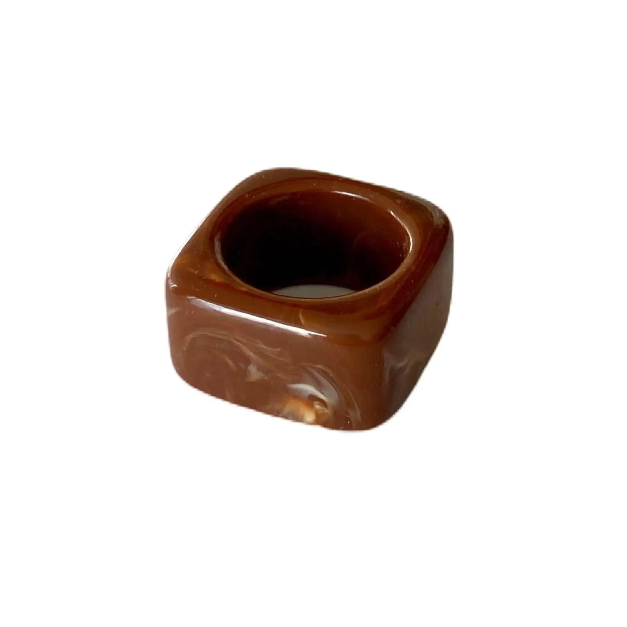 Vintage Plastic Ring Brown Marble Design Square