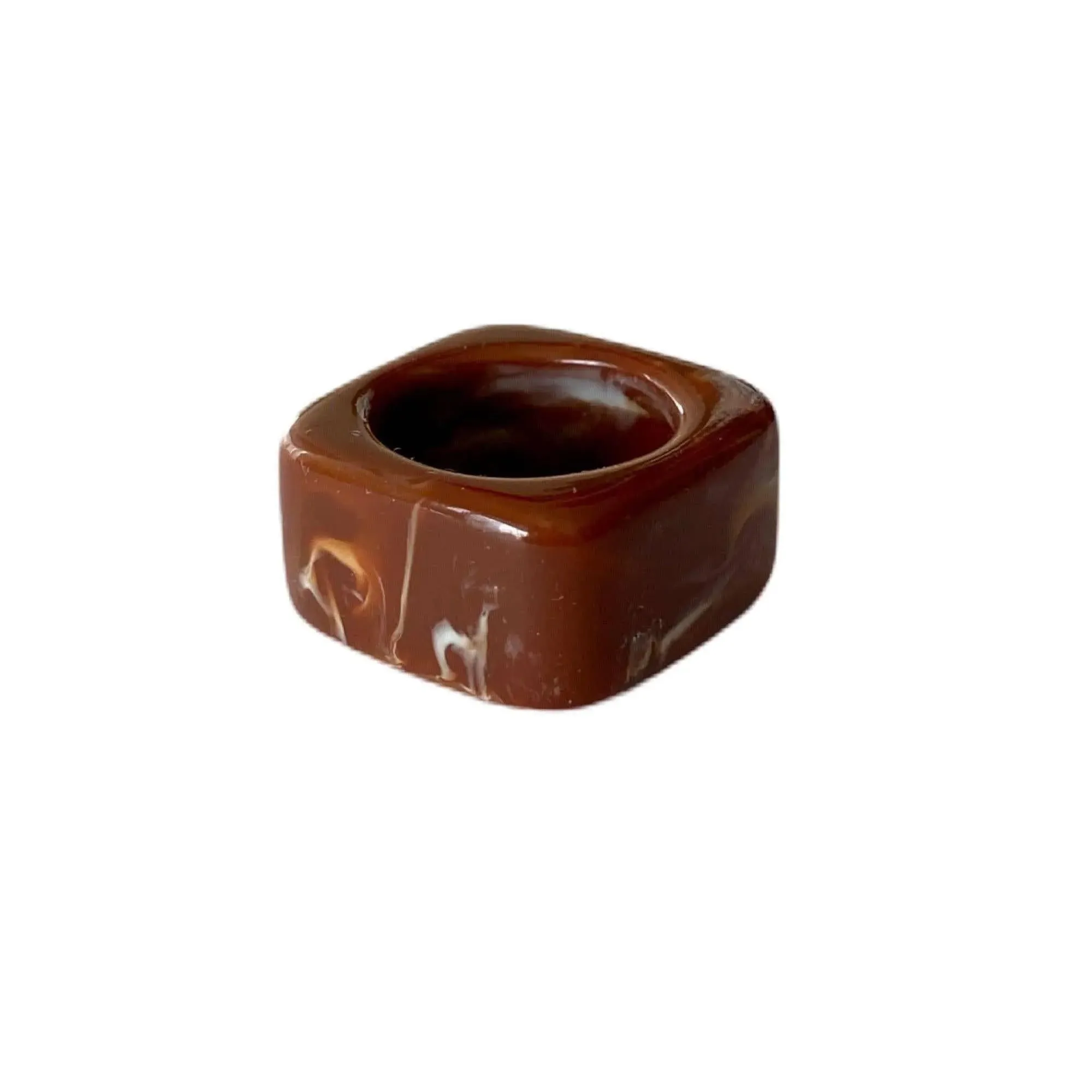 Vintage Plastic Ring Brown Marble Design Square